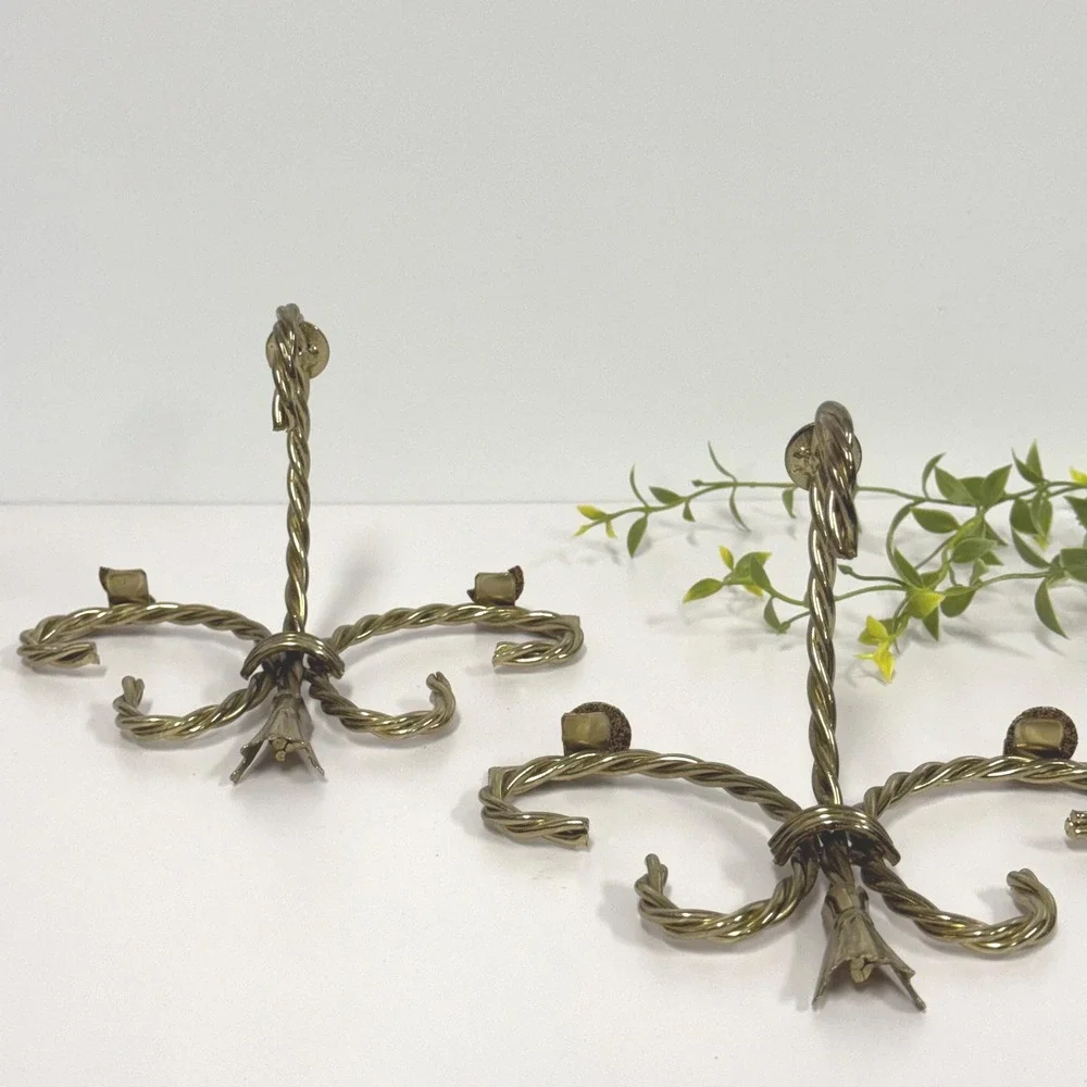 Vintage brass tone twisted rope‎ Wall mount shelf BRACKETS ONLY set of 2